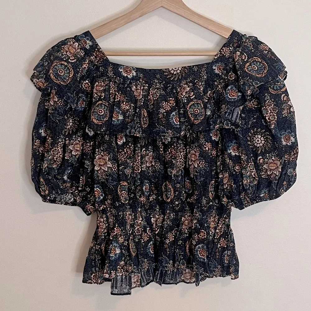 NWT Ulla Johnson Warner Floral Ruffle Puff-Sleeve Peplum Blouse
